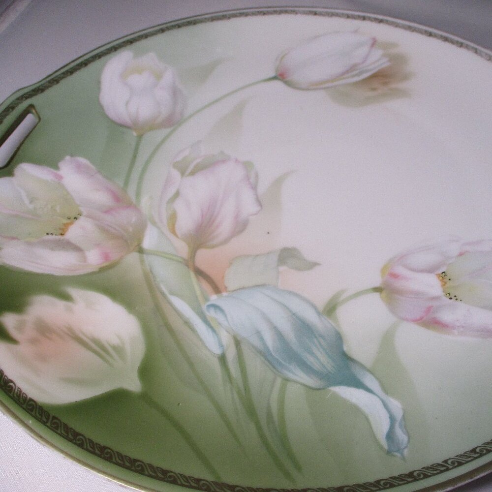 Hand Painted vintage porcelain serving plate with handles - tulips
